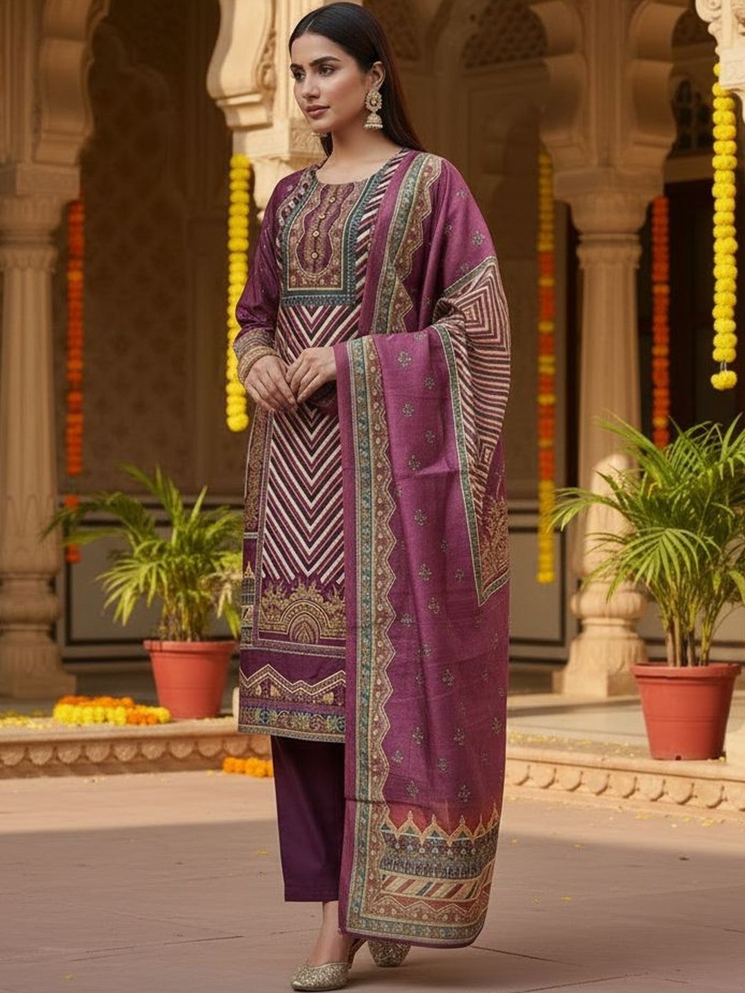 HERE&NOW Women Ethnic Motifs Printed Regular Kurta with Trousers & With Dupatta