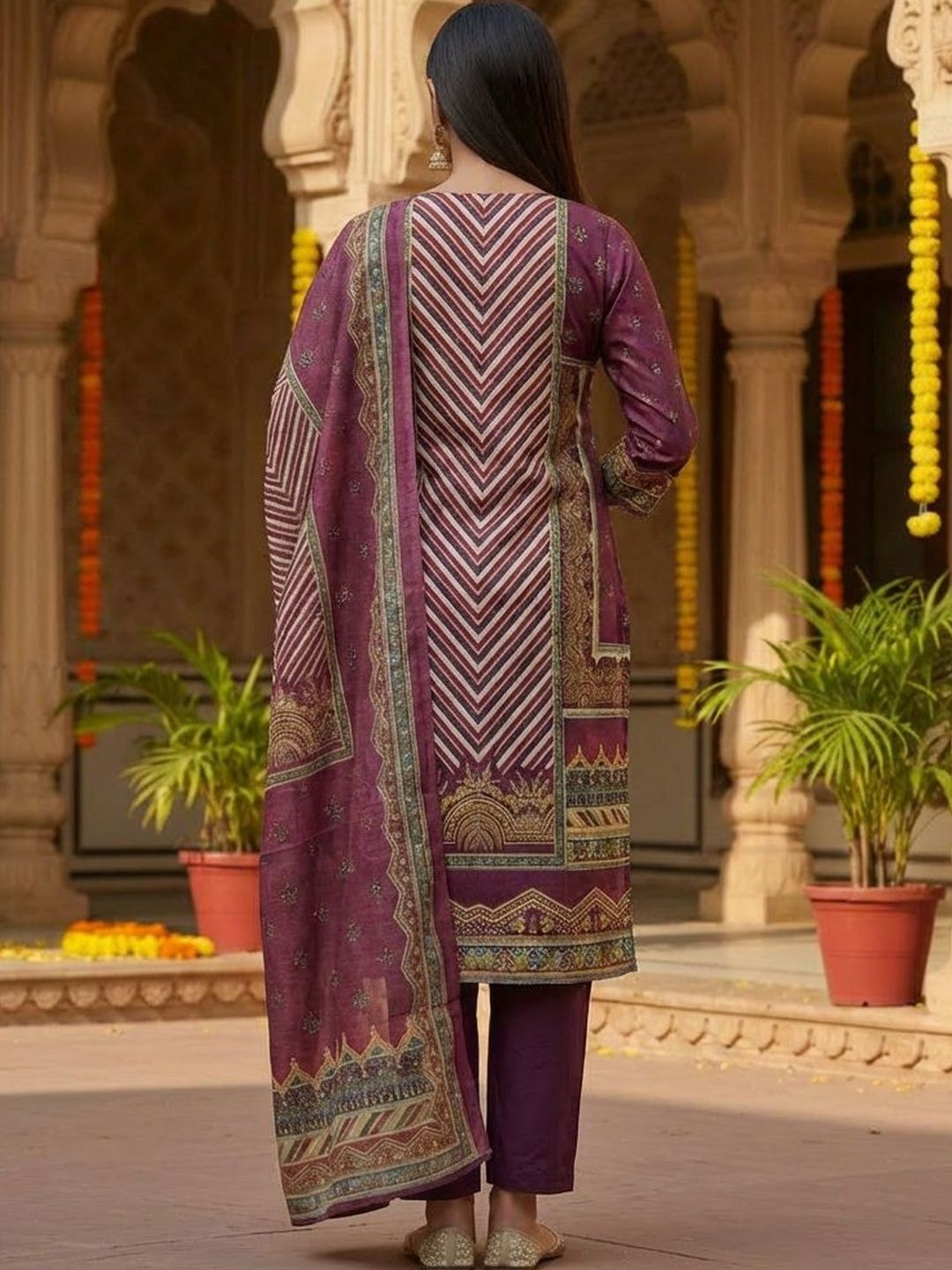 HERE&NOW Women Ethnic Motifs Printed Regular Kurta with Trousers & With Dupatta