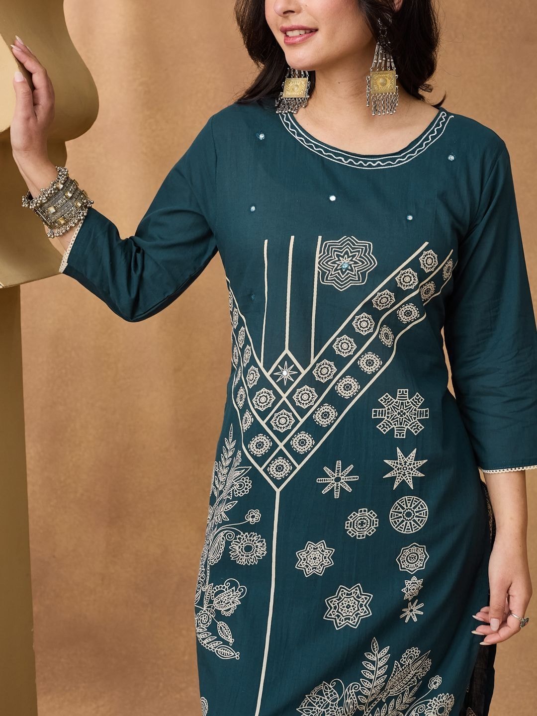 KALINI Women Ethnic Motifs Embroidered Regular Thread Work Pure Cotton Kurta with Trousers & With Dupatta