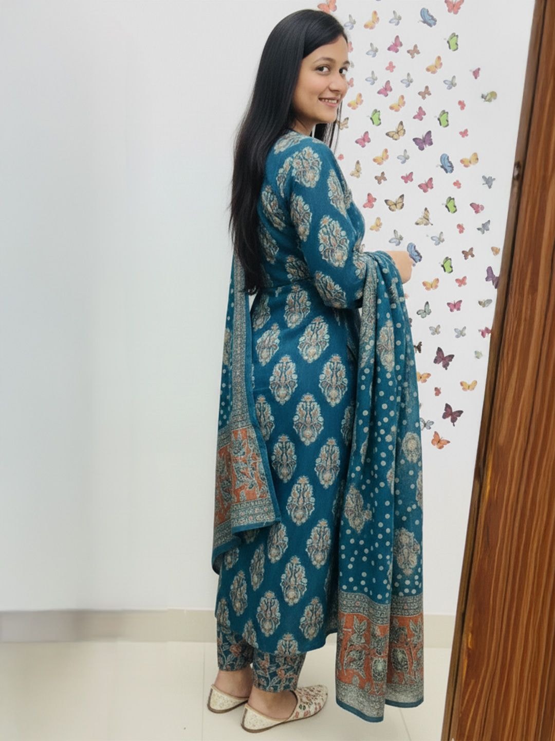 SRF JAIPUR Ethnic Motifs Printed Thread Work Pure Cotton Kurta With Trousers & Dupatta